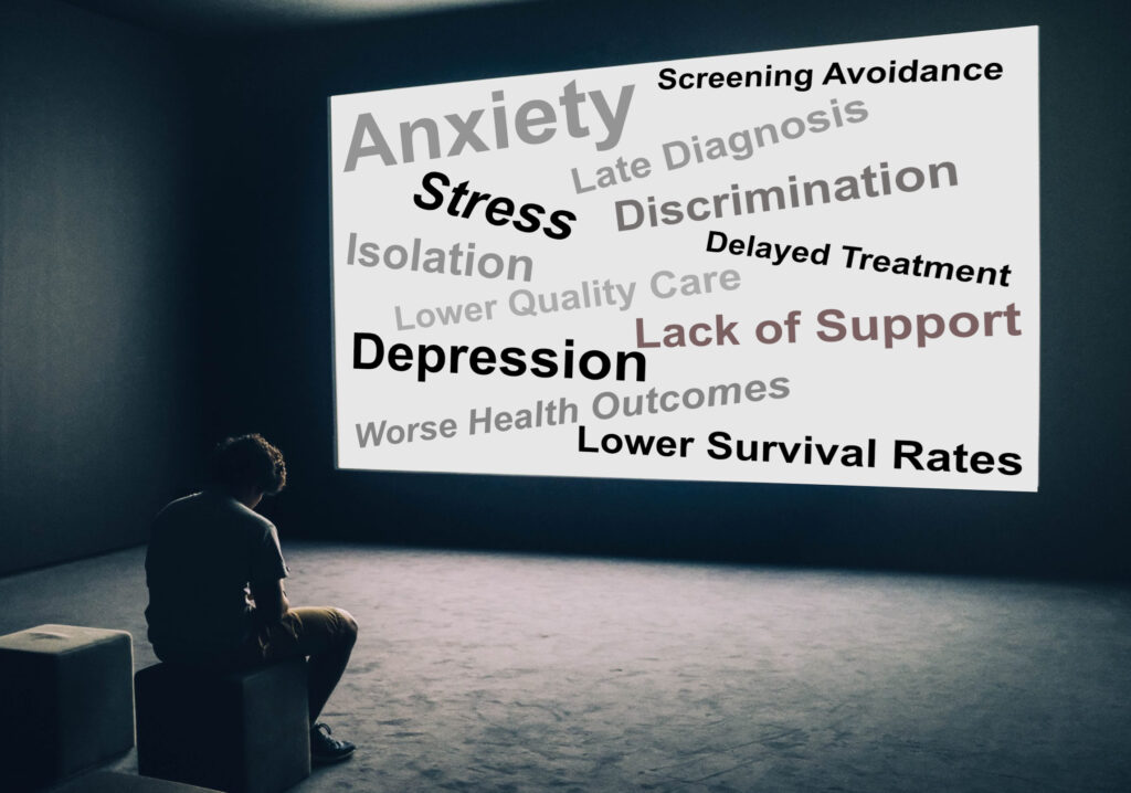 Consequences of disease stigma. Anxiety, Screening Avoidance, Late Diagnosis, Stress, Discrimination, Isolation, Delayed Treatment, Lower Quality Care, Lack of Support, Depression, Worse Health Outcomes, Lower Survival Rates