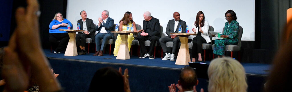 Patricia Nece, Jeff Mahshie, David Sloan, Dr. Fatima Cody Stanford, Mike Paseornek, Orlando Reece, Dr. Rebecca M. Puhl, Deborah Roberts, and Helene Ellison participate in the panel discussion during The Media Empathy Foundation Spotlight Series: Weight Stigma In Popular Culture at the Whitby Hotel on June 29, 2022 in New York City.